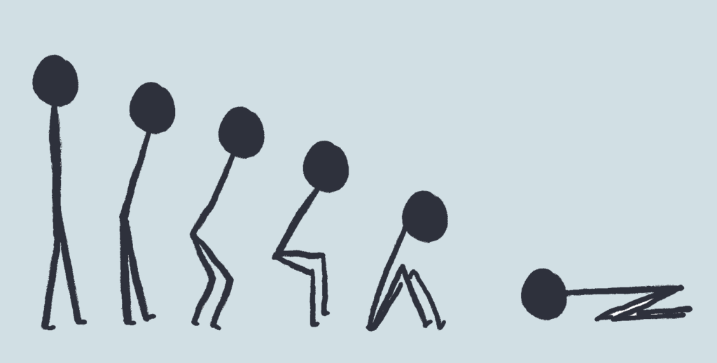 Dessin en noir et blanc. Personnage dessiné en traits noirs épais et simple : tête ronde, un trait pour le buste, deux traits pour les jambes. Dans six positions différentes. Il est d'abord debout, puis penché en avant, puis assis, puis assis par terre, enfin tout recroquevillé par terre. D'une image à l'autre, la tête est progressivement de plus en plus proche du sol. 