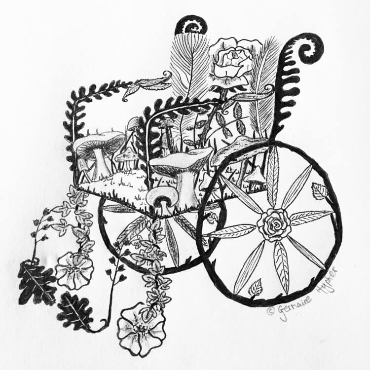 Dessin au stylo noir d'un fauteuil roulant élégant constitué de feuilles, fleurs, tiges et champignons.