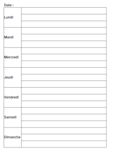 Image d'un tableau hebdomadaire de lundi à dimanche, avec trois lignes par jour pour prendre des notes.