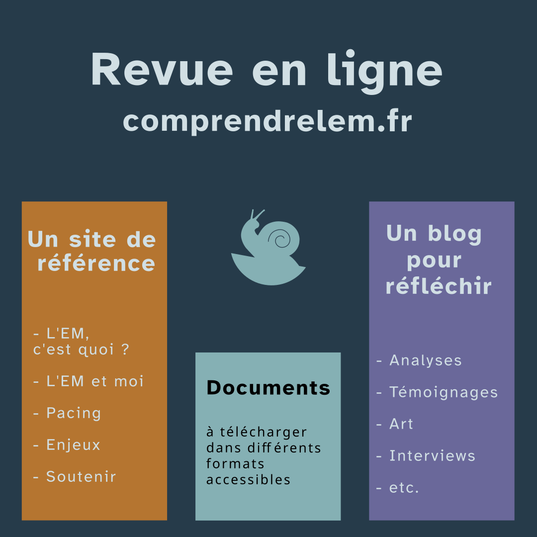 La Revue Comprendre l'EM. Première colonne : Un site de référence (L'EM c'est quoi; L'EM et moi; Pacing; Enjeux; Soutenir). Deuxième colonne : Documents à télécharger dans différents formats accessibles. Troisième colonne : Un blog pour réfléchir (Analyses, Témoignages, Art, Interviews, etc.)